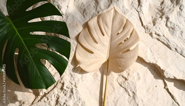 Obraz Tropical Monstera Leaves on Stone Background Exotic Leaf Arrangement
