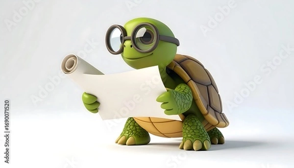 Obraz Turtle Reading a Paper Scroll Wearing Glasses - Cartoon Character