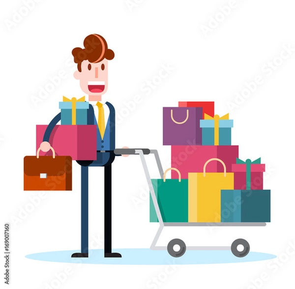 Obraz Flat Businessman Shopping on White Background. Isolated Flat Vector Illustration