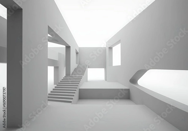 Fototapeta Architectural White Space Interior with Staircase and Geometric Design Modern Minimalist Style Showcase a Creative Blend of Lines