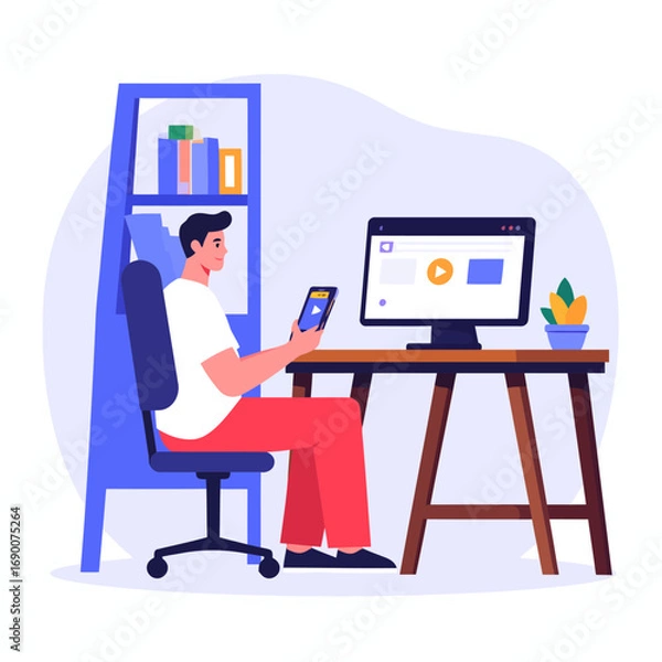 Fototapeta Man working on computer and tablet at desk in office.