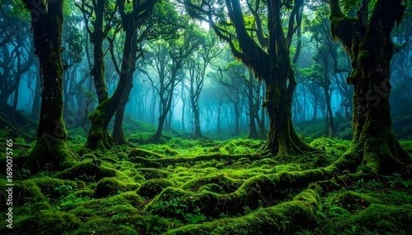 Obraz Walking in Enchanted Forest with Mossy Trees and Fog