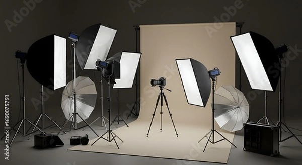 Fototapeta Photography studio setup with professional lighting equipment backdrop camera on tripod for commercial product photography and advertising campaigns showcasing image making tools