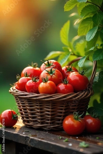 Fototapeta A wicker basket overflowing with freshly harvested, sun-ripened tomatoes sits on a rustic wooden surface, surrounded by additional tomatoes and lush green foliage.