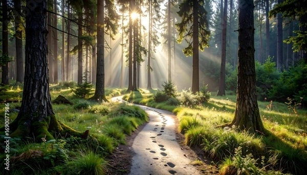 Obraz Walking Path Through Forest with Sunlight Rays and Footprints