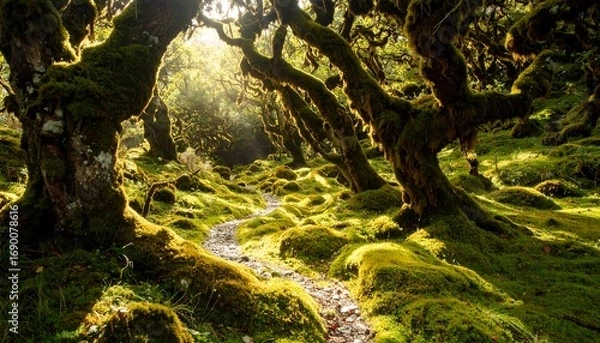Obraz Walking Path Through Mossy Trees in Sunlit Forest