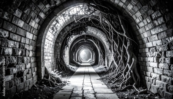 Obraz Walking Through Ancient Tunnel with Tree Roots and Brick Arches