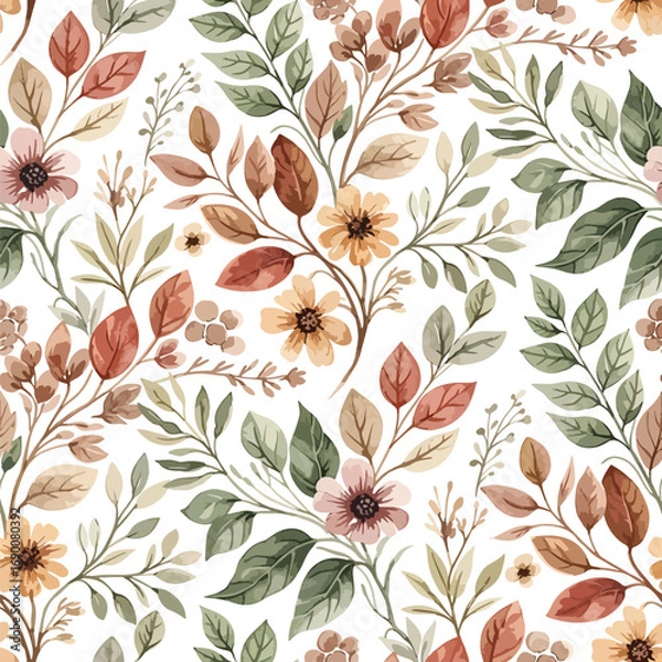 Obraz Watercolor floral pattern with autumn leaves and flowers on white background, patern seamless, Stock royalty.