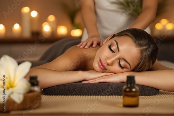Fototapeta Woman receiving back massage in spa setting, soft focus style, warm candlelit background, concept of relaxation and wellness. Ai generative