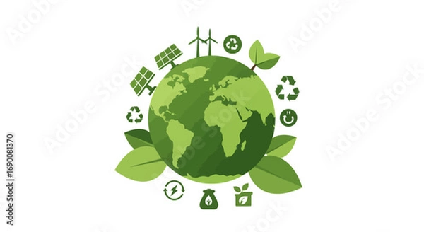 Obraz Minimalist eco vector design with leaves, green earth, and sustainability icons in modern flat style