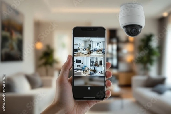 Fototapeta Hand holding a smartphone displaying home surveillance footage, with a visible security camera in a cozy living room, soft blurred background. Ai generative