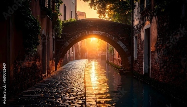 Obraz Walking Under Stone Bridge Canal at Sunrise with Sunlight Reflection
