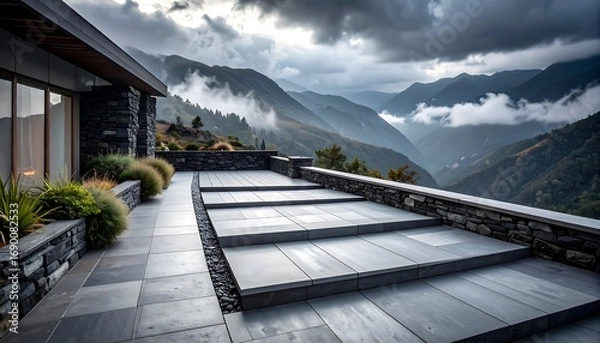 Obraz Walking Up Stone Steps with Mountain View and Cloudy Sky