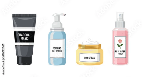 Obraz Pamper your skin with this essential skincare set featuring charcoal mask cleanser day cream and rose water toner, Generative AI.