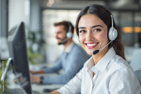 Fototapeta Woman with headset smiling at desk in office environment, realistic photo style, blurred office background. Concept of customer service support. Ai generative