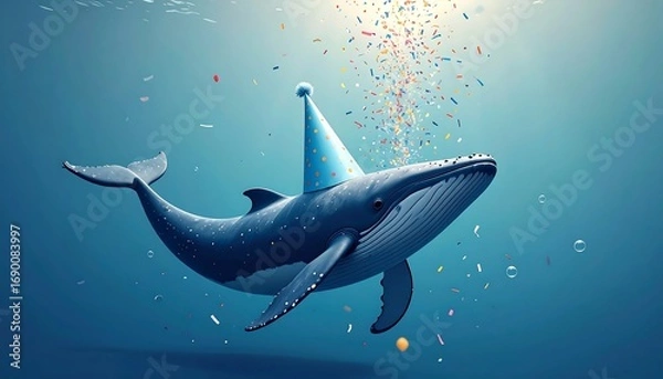 Obraz Whale Wearing Party Hat Underwater with Confetti Falling