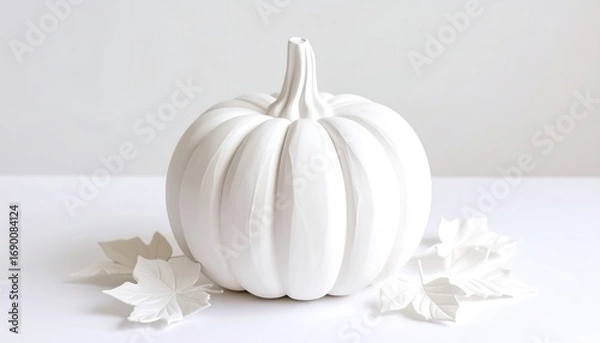 Obraz White Pumpkin with Autumn Leaves for Fall Decoration