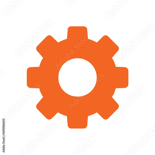 Obraz A simple orange gear or cogwheel icon, a symbol for settings, mechanics, and industrial processes, isolated on a white background.