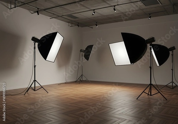 Fototapeta Professional Photography Studio Setup with Softbox Lighting Equipment and Wooden Parquet Flooring Providing Ample Space and Controlled Illumination