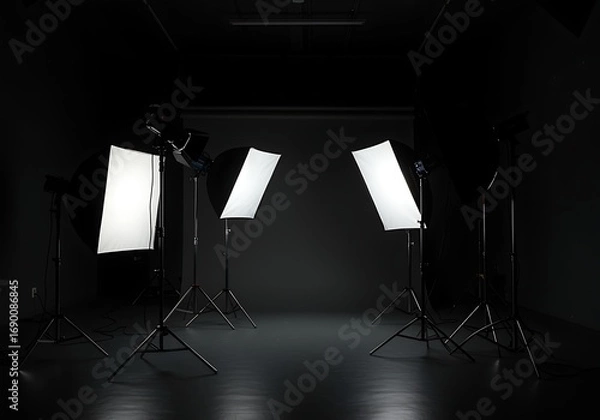 Fototapeta Professional Photography Studio Setup with Softboxes and Light Stands for Creative Portrait and Product Shots in Dark Room