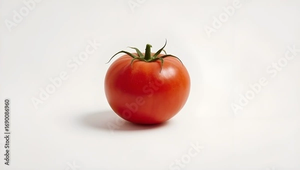 Fototapeta Close-up studio shot of a vibrant red, ripe, whole tomato with a green stem, isolated on a white background. Perfect for concepts of fresh food, healthy diet, and organic produce