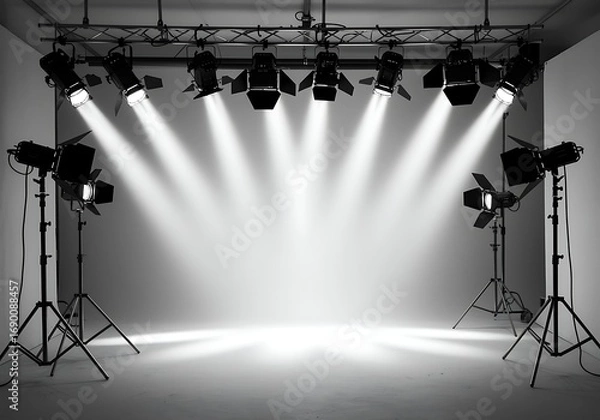 Fototapeta Professional Studio Lighting Setup with Stage Spotlights Creating Dramatic Effects for Photography and Videography Production