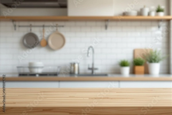 Fototapeta Wooden kitchen counter foreground with blurred background of modern kitchen, white tiles, plants, and utensils. Concept of cooking and lifestyle. Ai generative