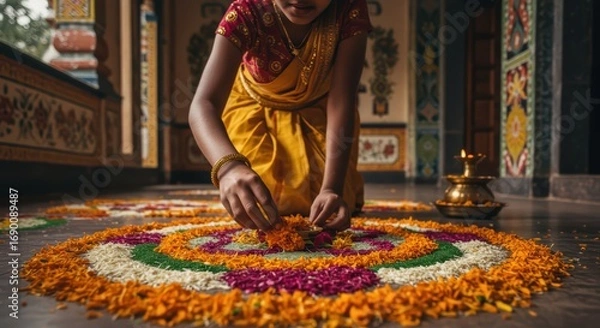 Obraz Woman creating colorful rangoli with flower petals for Onam celebration in India. Onam Pookalam for Kerala's harvest festival celebrating King Mahabali's return.	
