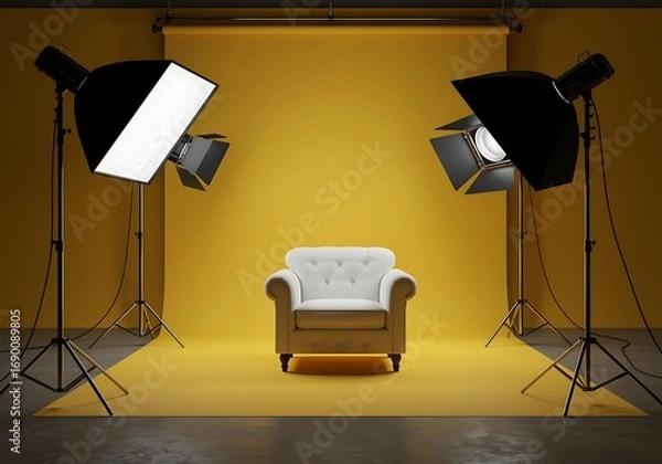 Fototapeta Studio Photography Setup with White Armchair and Yellow Backdrop showcasing Professional Lighting Equipment for Creative Projects and Artistic Visuals