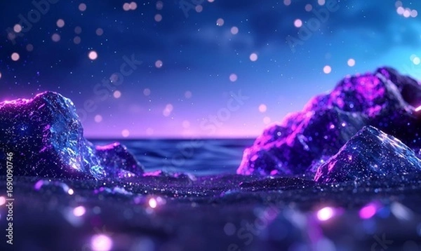 Obraz Enchanted Fantasy Landscape with Glowing Rocks and Twinkling Lights