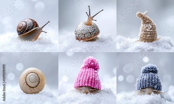 Obraz Snails with Cozy Knitted Hats on Snowy Background in Winter Scene