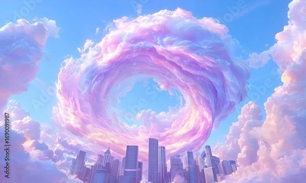 Obraz Dreamy Swirling Clouds Over Modern City Skyline at Sunset
