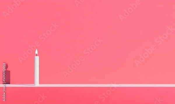 Obraz Minimalist Candle on Shelf with Soft Shadow Against Pink Background