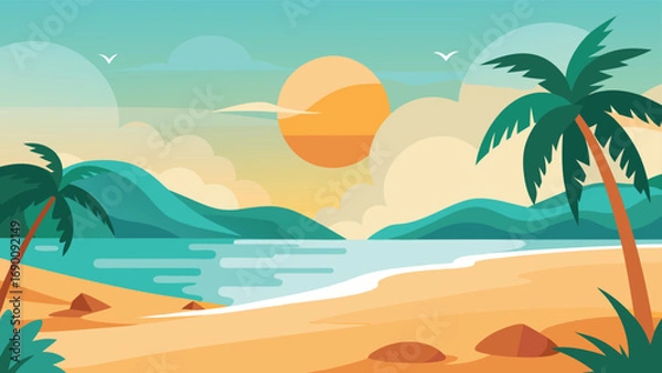 Obraz Tropical Beach with Palm Trees, Golden Sand, Turquoise Sea, and Setting Sun