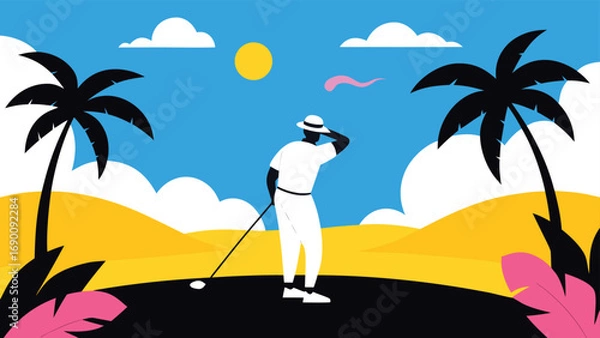 Obraz Tropical Golf Golfer Posing on a Colorful Course with Palm Trees and Yellow Sky