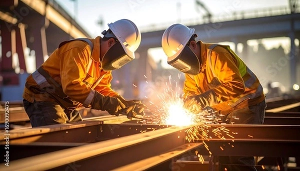 Obraz Workers Welding Metal Beams with Protective Gear and Bright Sparks