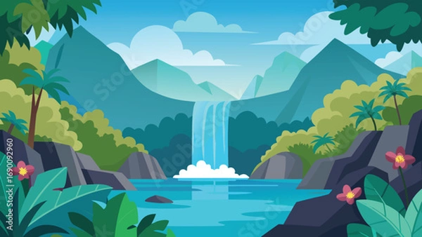 Obraz Tropical Waterfall Landscape with Palm Trees, Lush Vegetation, and Cloudy Sky Illustration