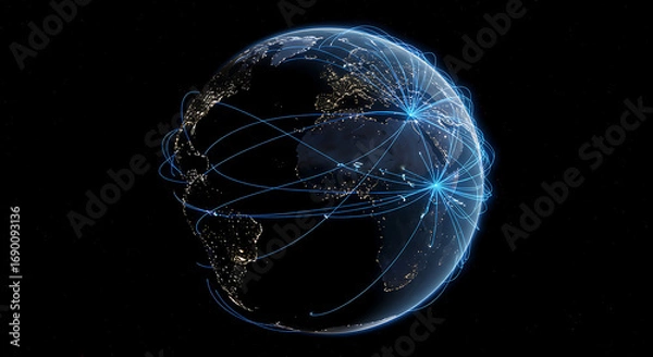 Fototapeta A digital earth with glowing networks connecting continents against a dark background illustration