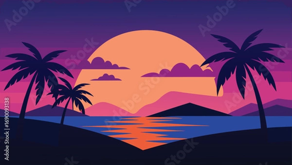 Obraz Vibrant Sunset Over Tropical Island Landscape Silhouette with Palm Trees and Ocean Reflections
