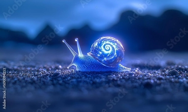 Obraz Glowing Snail with Spiral Shell on Shoreline at Dusk