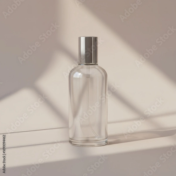 Fototapeta Clear glass spray bottle with a silver cap, illuminated by natural light and geometric window shadows on a light background.