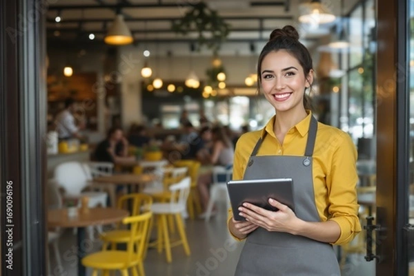 Fototapeta Smiling woman in apron holding tablet inside trendy cafe, creative style, with a lively restaurant background, concept of hospitality and service. Ai generative