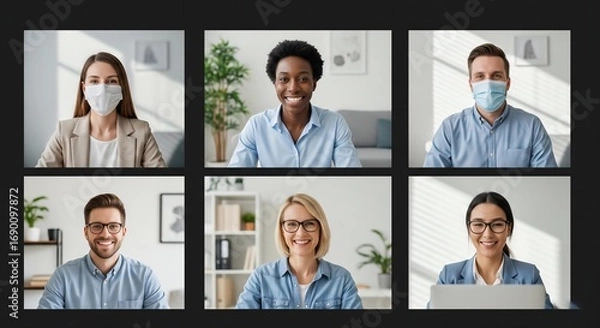 Fototapeta Modern Connection: Photorealistic Video Call Grid of Six Remote Professionals