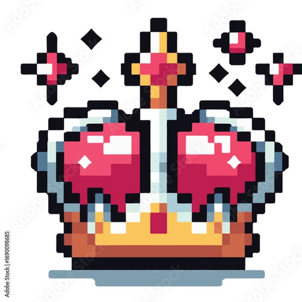 Obraz Shiny pixel art crown icon for a video game, depicting a royal gold headdress with red jewels and magical sparkles on a white background