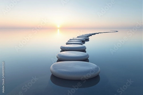 Fototapeta Curved path of smooth stones over calm water leading to sunrise, minimalistic creative background concept of balance, peace and meditation. Ai generative