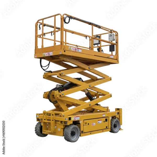 Fototapeta Yellow scissor lift extended platform isolated on transparent background