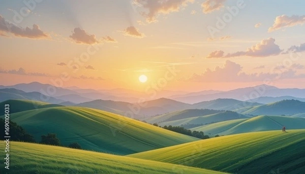 Fototapeta "A serene wall painting background of rolling green hills under a golden sunrise, soft clouds drifting across a pastel sky."
