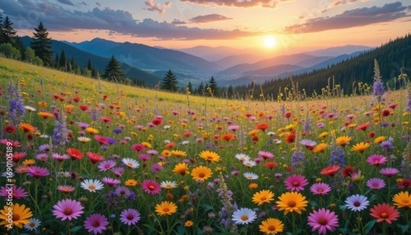 Fototapeta "Vibrant natural mural background showing colorful wildflowers in a meadow, with distant mountains under a glowing sunset."
