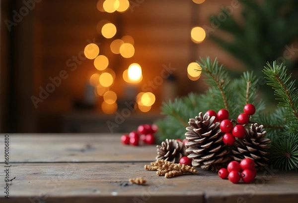 Fototapeta Rustic Christmas Decor Pinecones, Berries, and Festive Lights