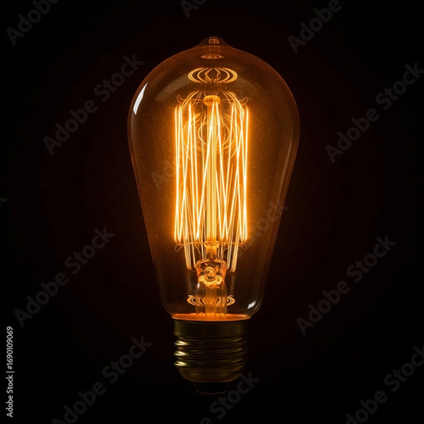 Fototapeta Vintage Edison Light Bulb Glowing Filament, Warm Amber Light
